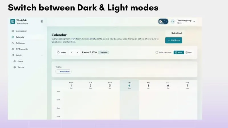 WorkGrid — Dark and light mode themes
