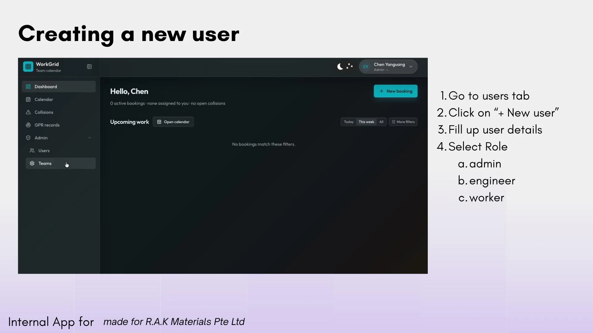 WorkGrid — User account creation, role based access and rights